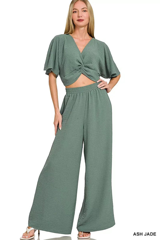 Zenana Woven Airflow Twisted Top & Wide Leg Pants Set by Zenana