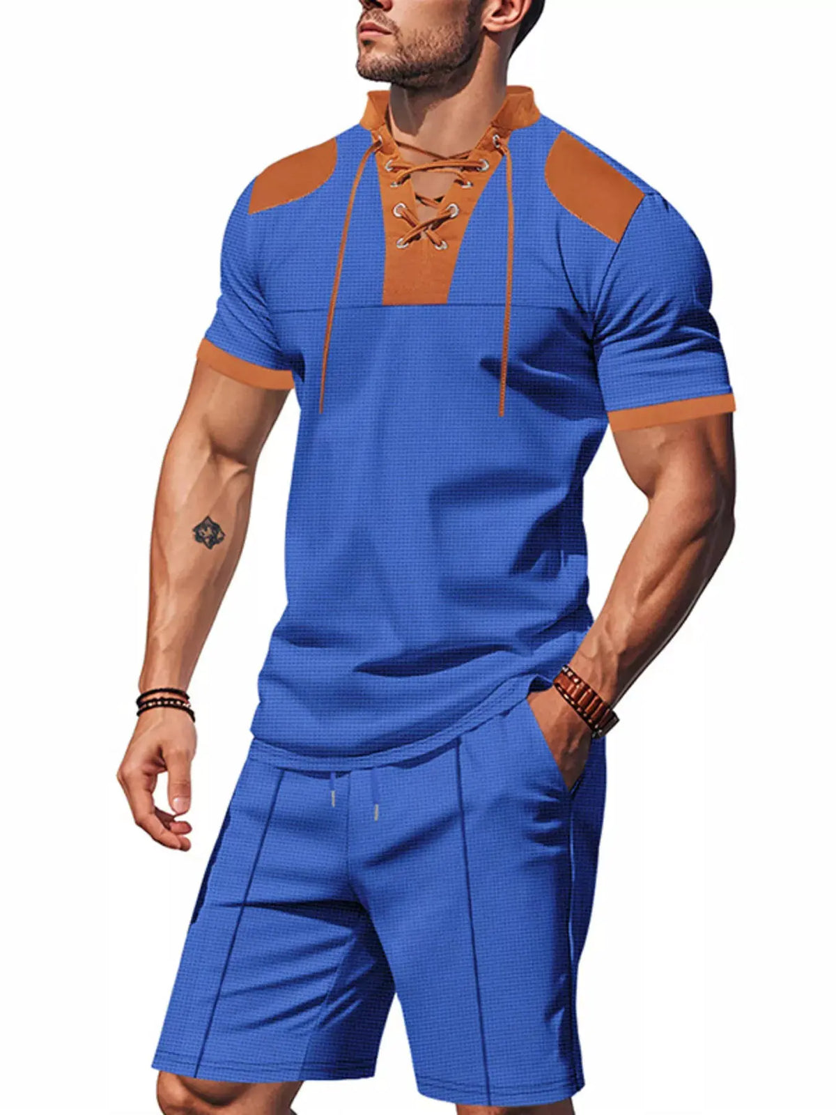 Men's Full Size Lace-Up Collar Casual Top and Shorts Set Plus Size by Trendsi