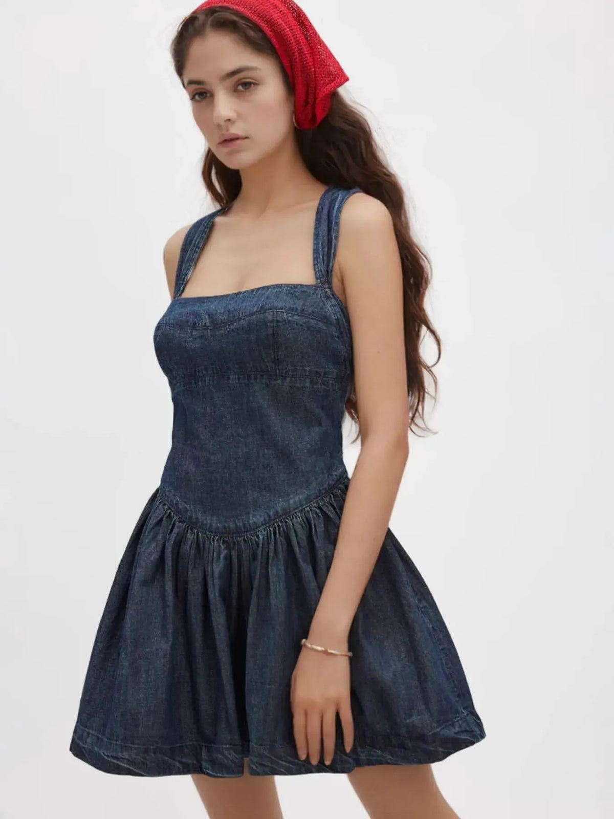 Smocked Crisscross Back Denim Mini Dress by Partner Label