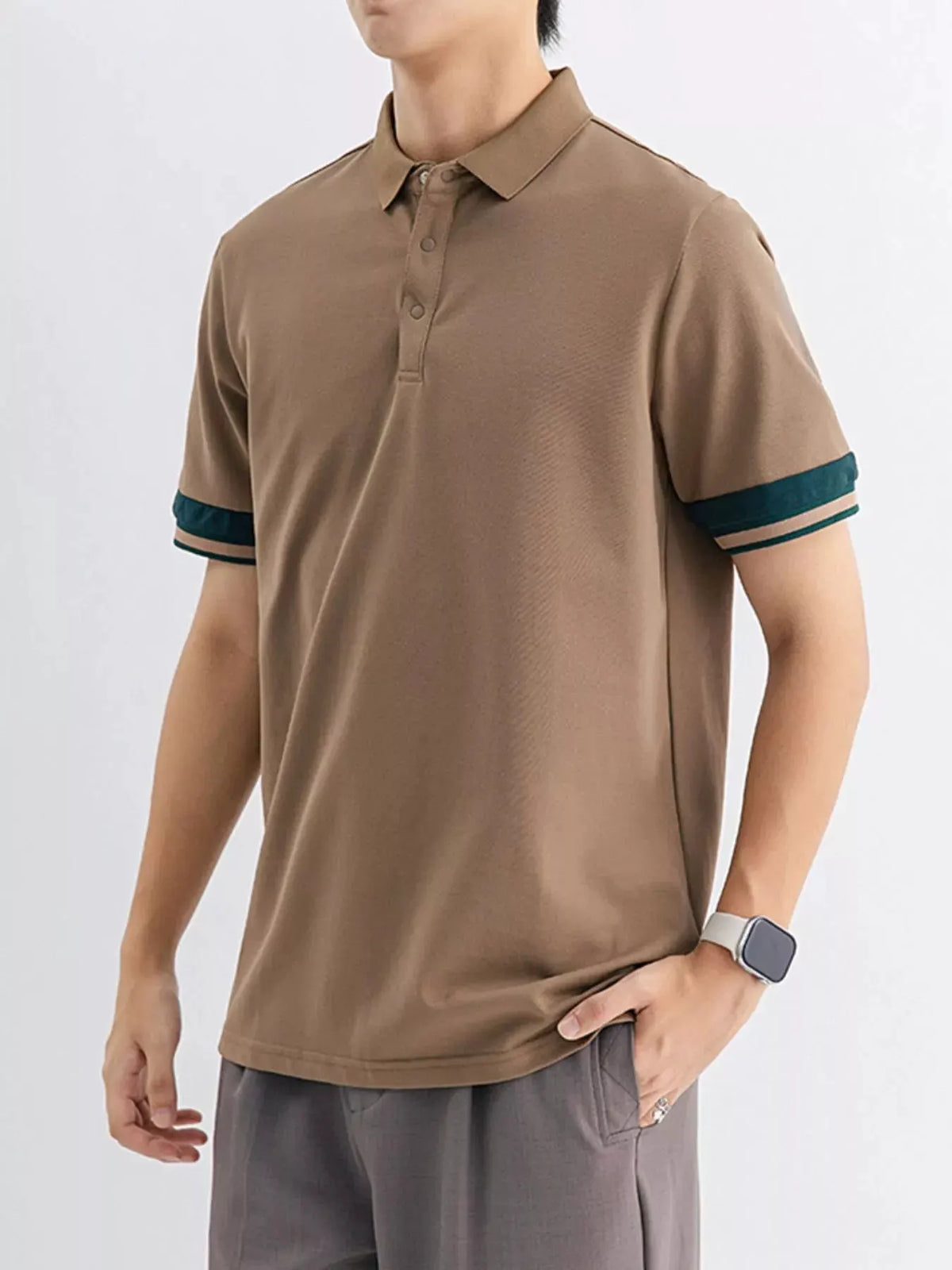 Men's Plus Size Button Detail Striped Cuff Polo by Trendsi