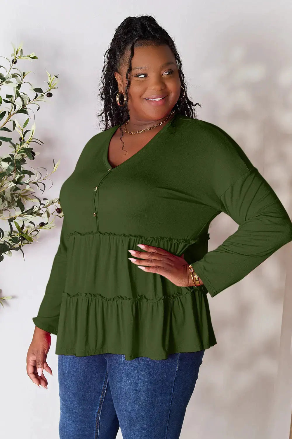 Double Take Half Button Long Sleeve Ruffle Hem Blouse by Double Take