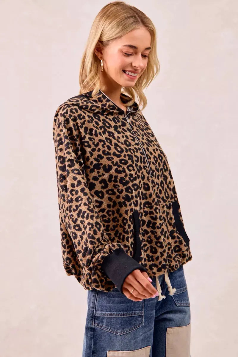 BiBi Leopard Print Waffle Half Zip Up Hoodie W Pocket by BiBi