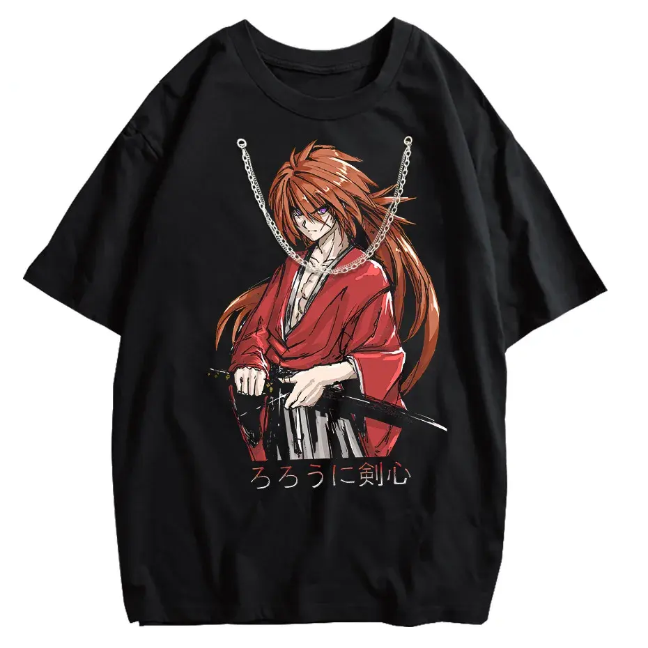 Rurouni Kenshin Washed Anime Graphic T-Shirt Men's Harajuku Streetwear Vintage Cotton Tee by Vimost Shop
