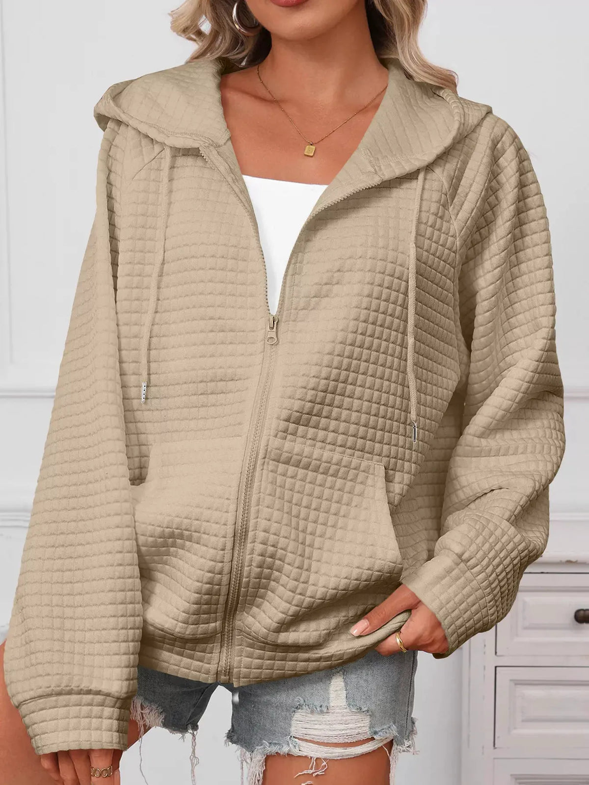 Full Size Textured Quilted Zip-Up Hooded Jacket Plus Size by Partner Label