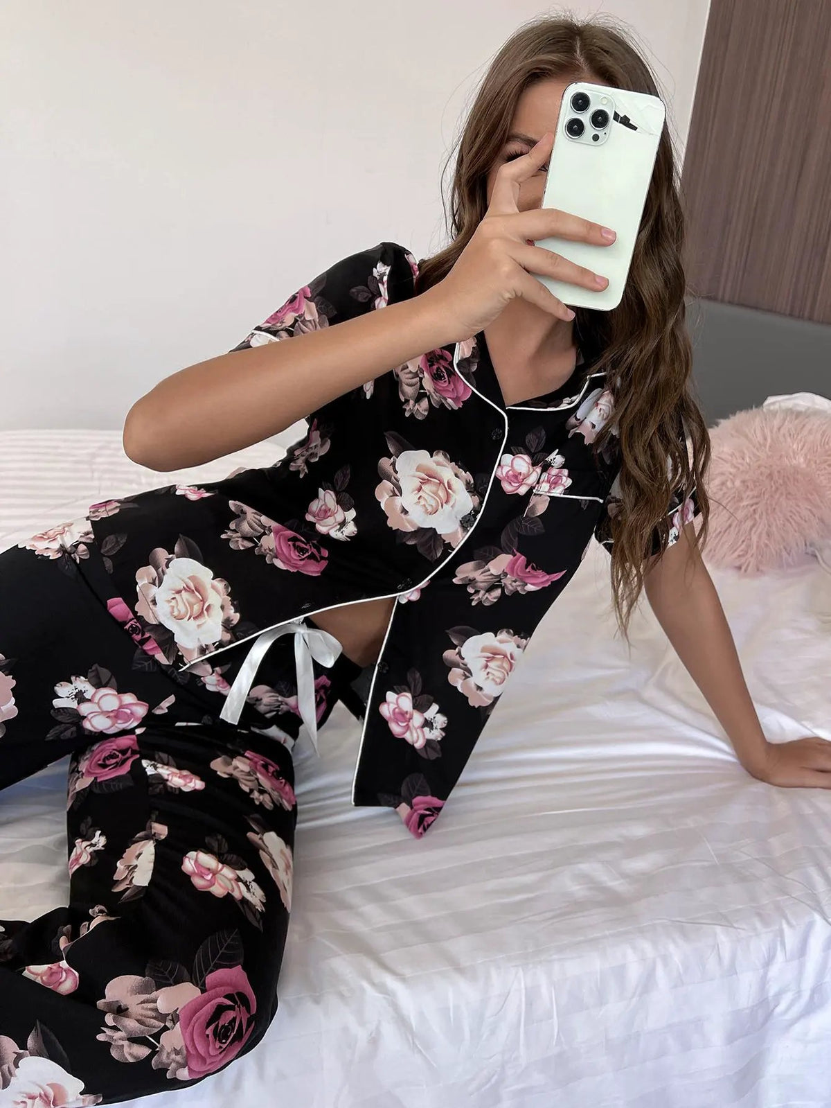 Floral Short Sleeve Shirt and Pants Lounge Set by Partner Label