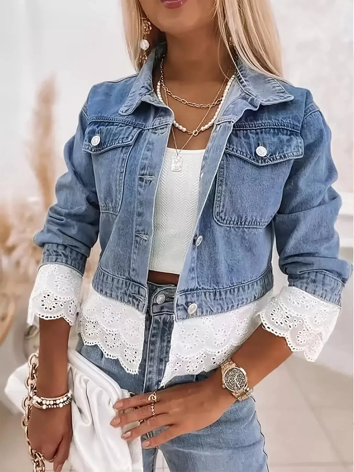Cropped Denim Jacket with Lace Trim by Partner Label