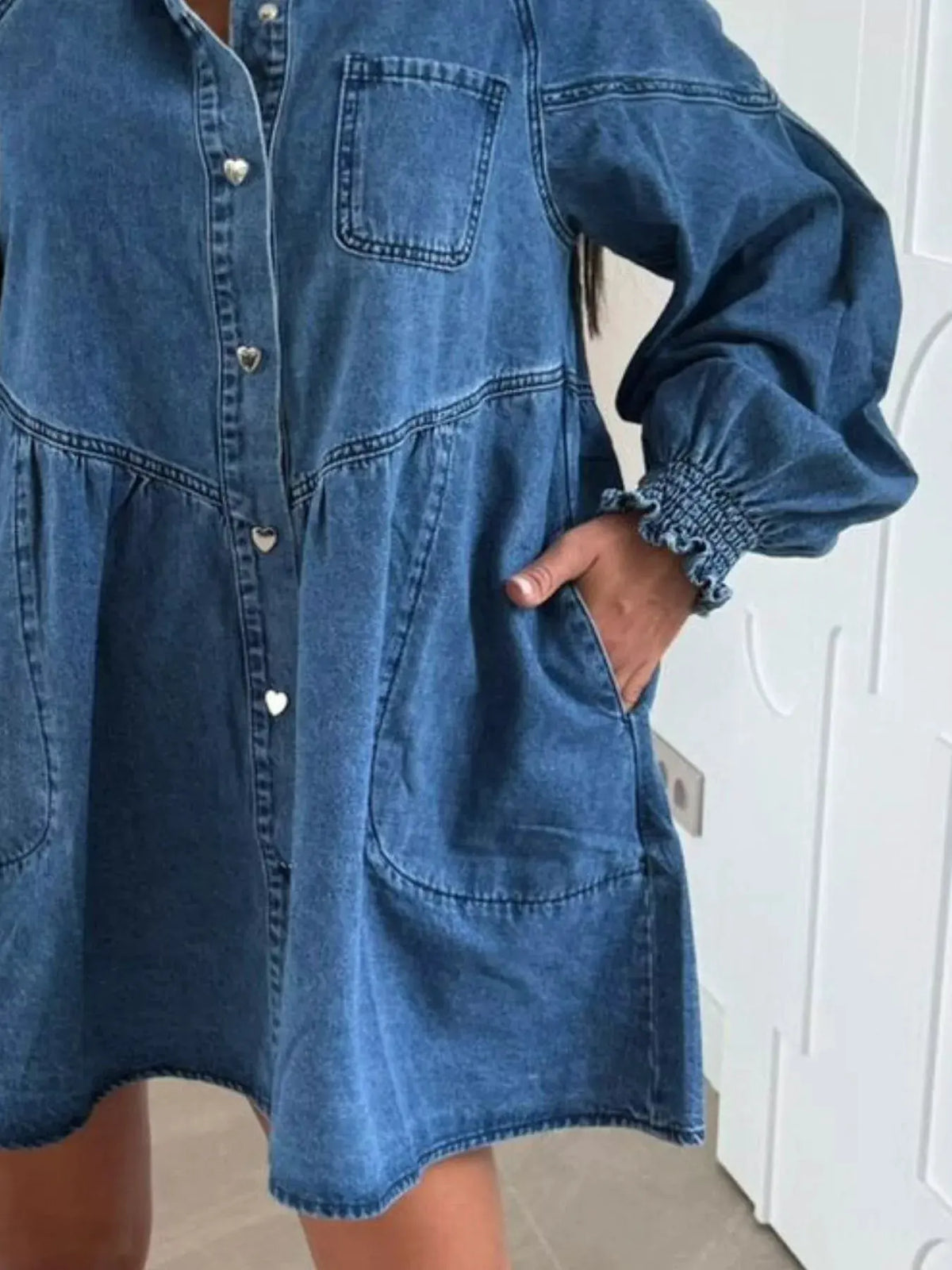 Button Down Mini Denim Dress with Front Pockets by Partner Label