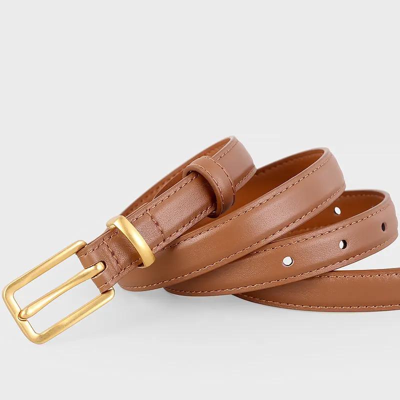 Leather Skinny Belt with Golden Buckle by Trendsi