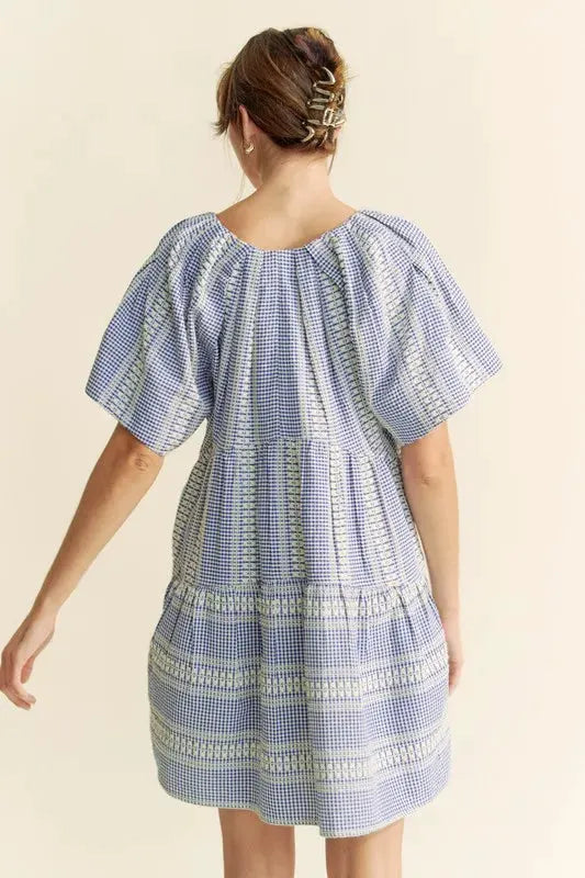 Davi & Dani Embroidered Stripe Ruffled Gingham Mini Dress by Davi & Dani