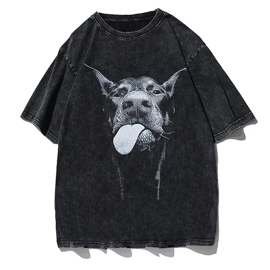 Gothic Dog Letter Print Vintage Washed Oversized T-Shirt by Vimost Shop