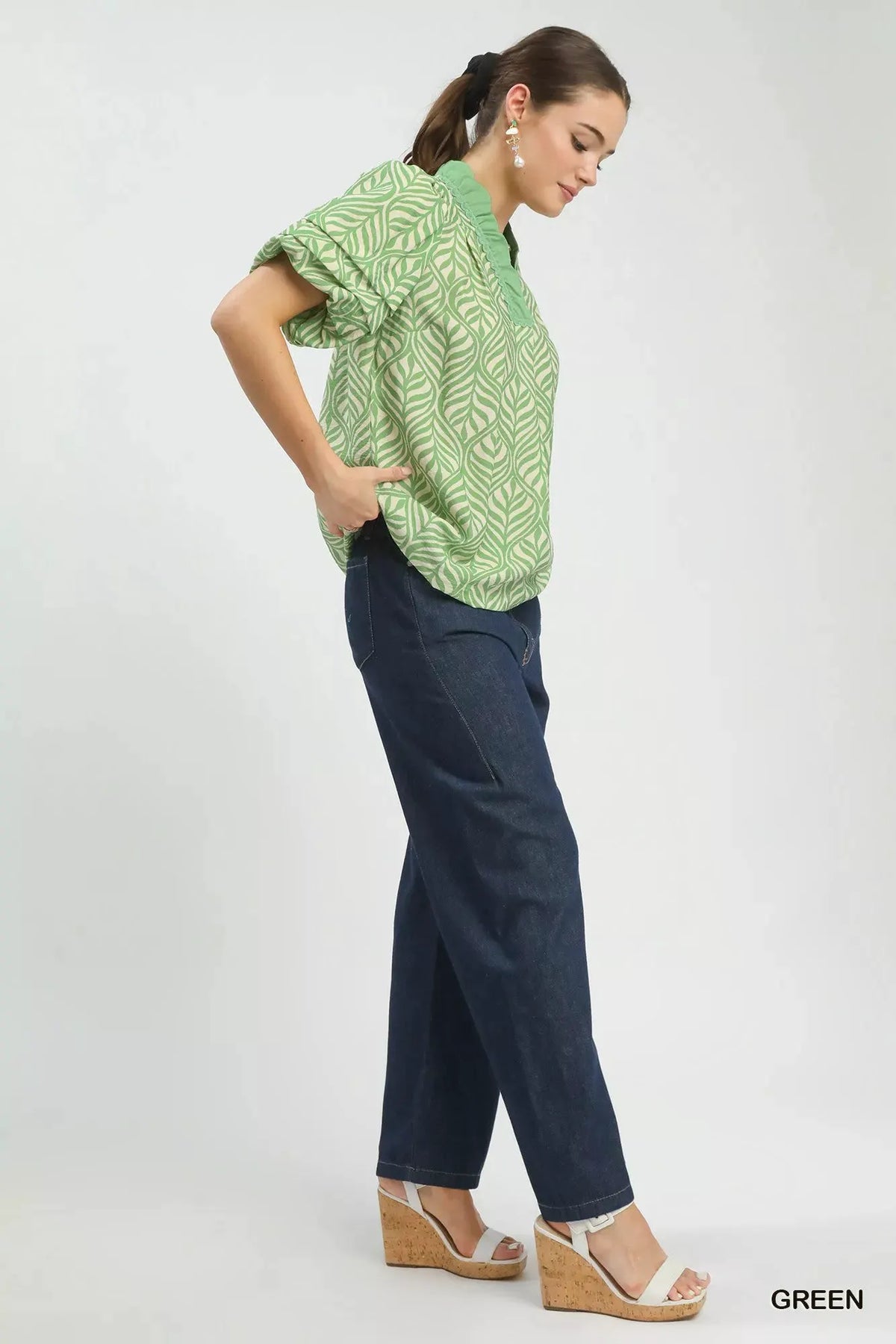 Umgee Printed Puff Sleeve Ruffle Neck Top by Umgee