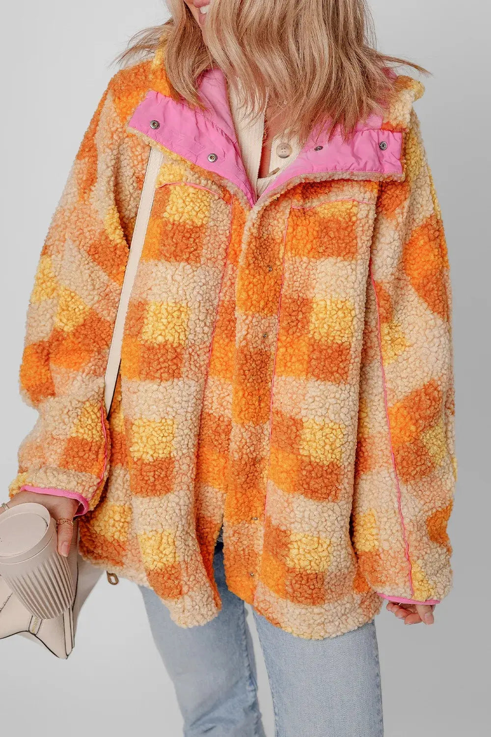 Checkered Long Sleeve Sherpa Hooded Jacket by Partner Label