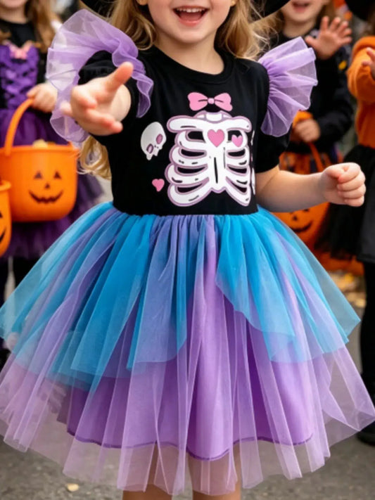 Children's Halloween Skeleton Graphic Tulle Tutu Dress by Trendsi