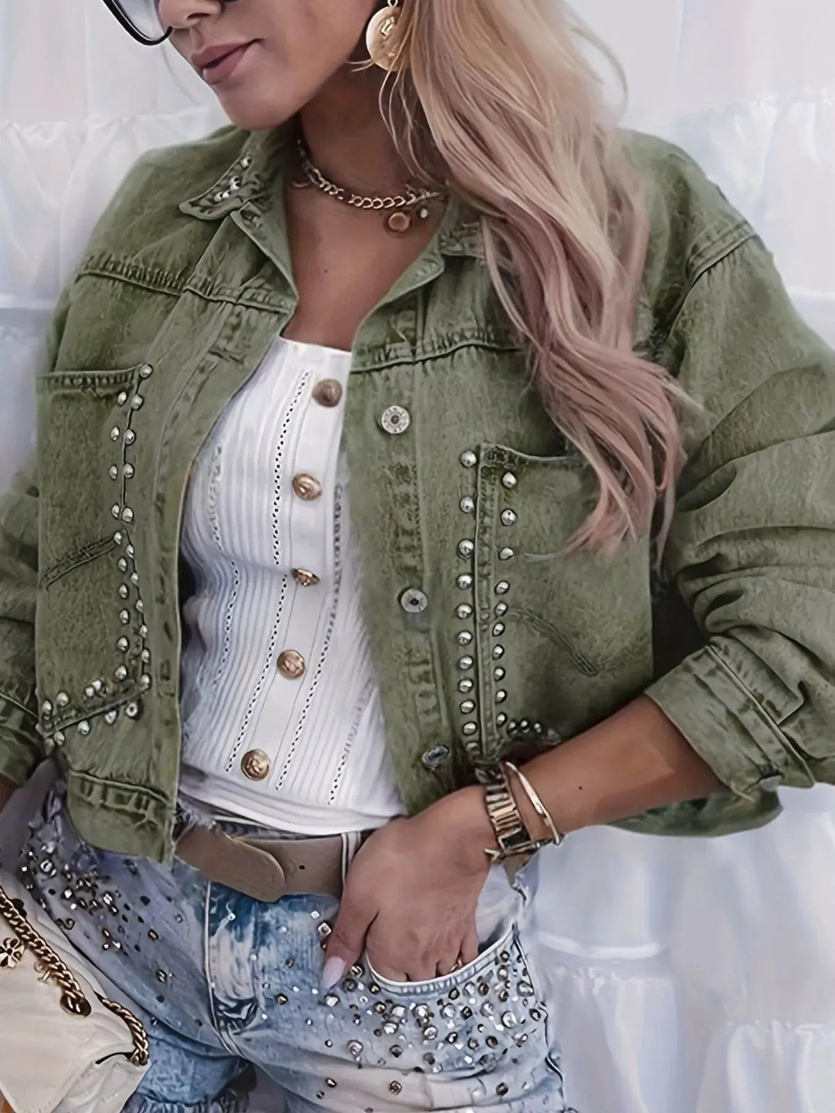 Studded Button Up Wash Denim Jacket by Partner Label
