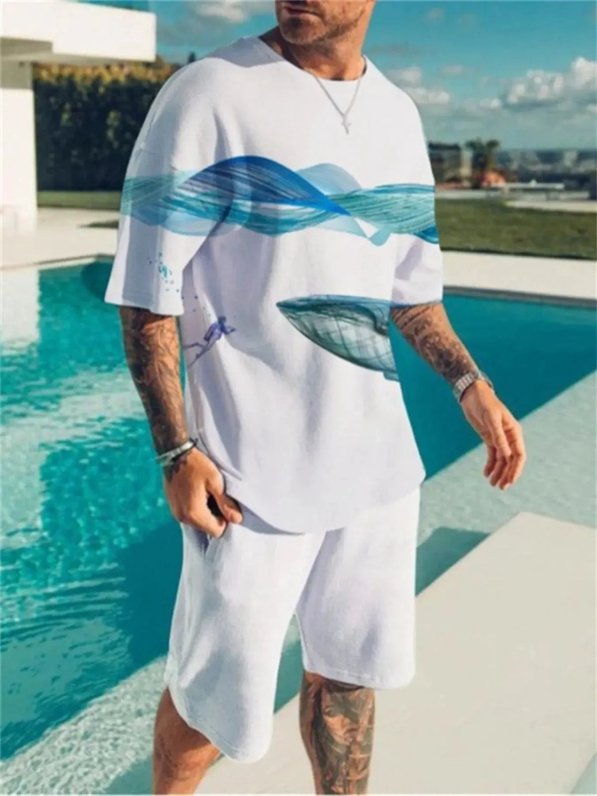 Men's Full Size Contrast Short Sleeve Top and Shorts Set Plus Size by Trendsi