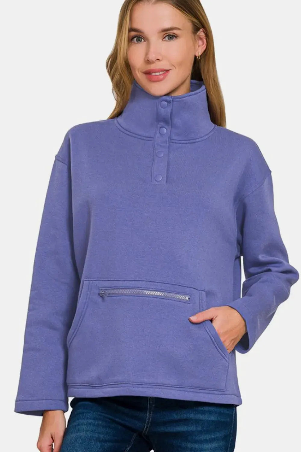 Zenana Turtleneck Half Snap Fleece Sweatshirt by Zenana