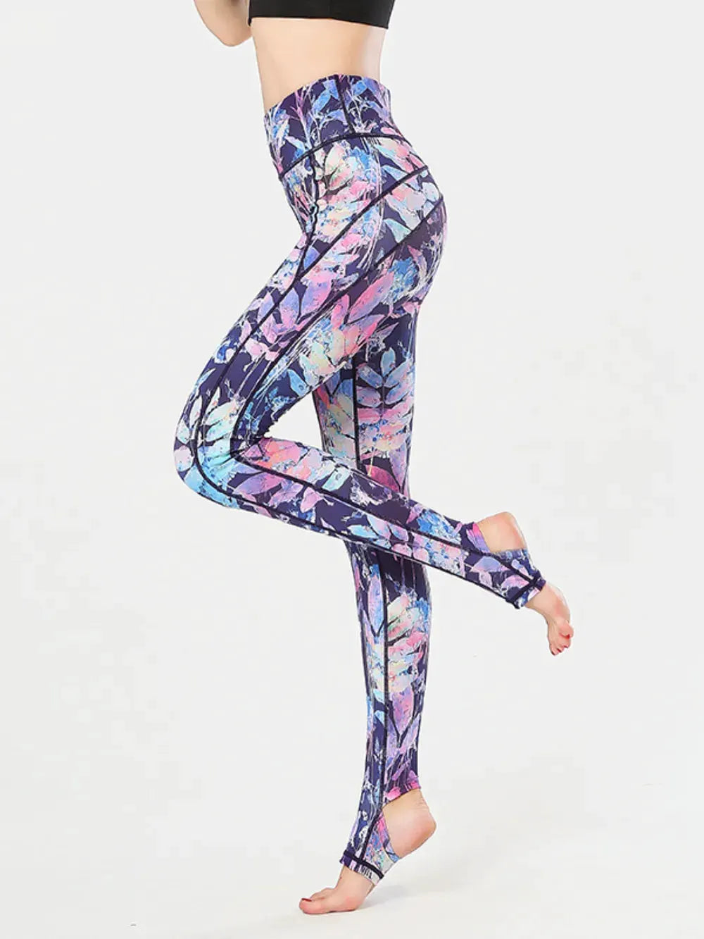 Printed Wide Waistband Active Leggings with Stirrups by Partner Label
