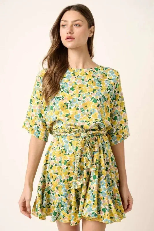 Mittoshop Floral Tie Waist Half Sleeve Mini Dress by Mittoshop