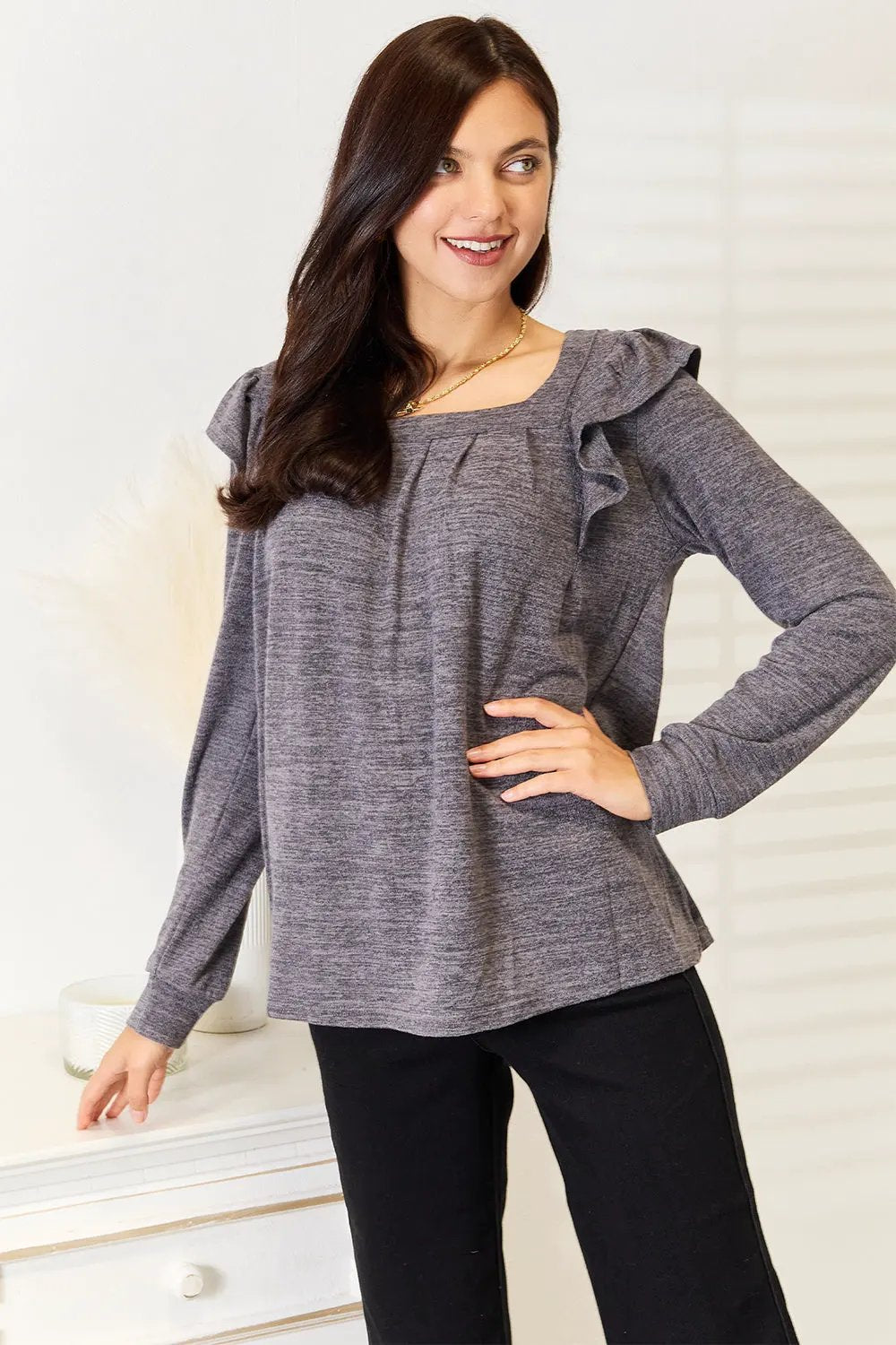 Double Take Square Neck Ruffle Shoulder Long Sleeve T-Shirt by Double Take