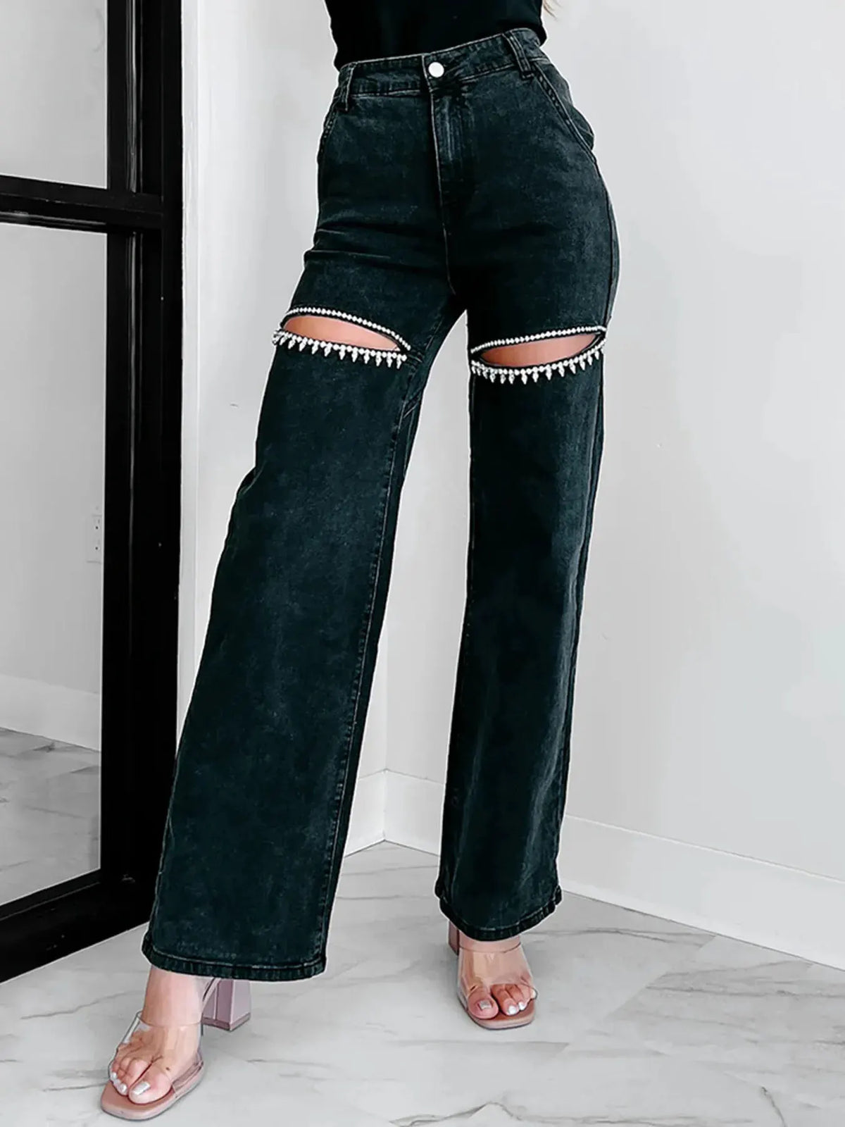 Ripped Wide Leg Wash Denim Jeans by Partner Label