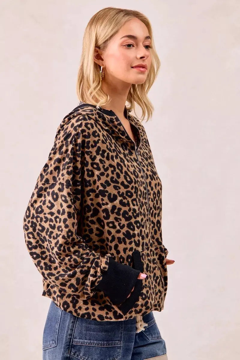 BiBi Leopard Print Waffle Half Zip Up Hoodie W Pocket by BiBi