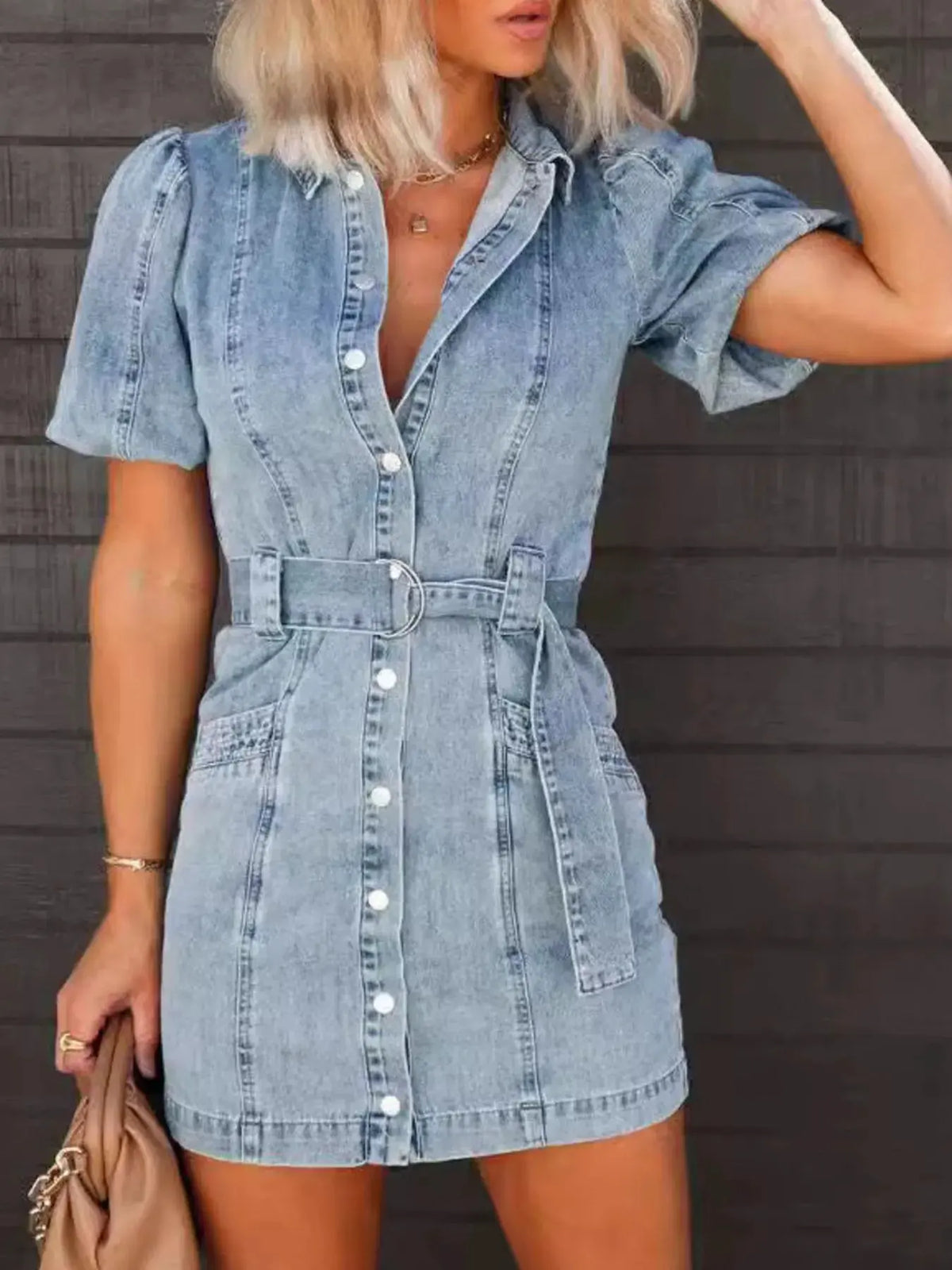Button-Up Puff Sleeve Denim Shirt Dress by Partner Label