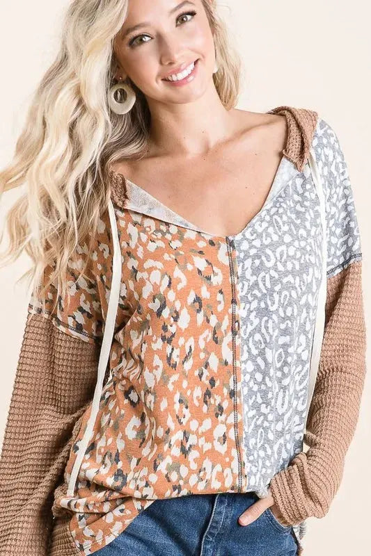BiBi Popcorn Waffle Knit Hoodie with Print Block Front by BiBi