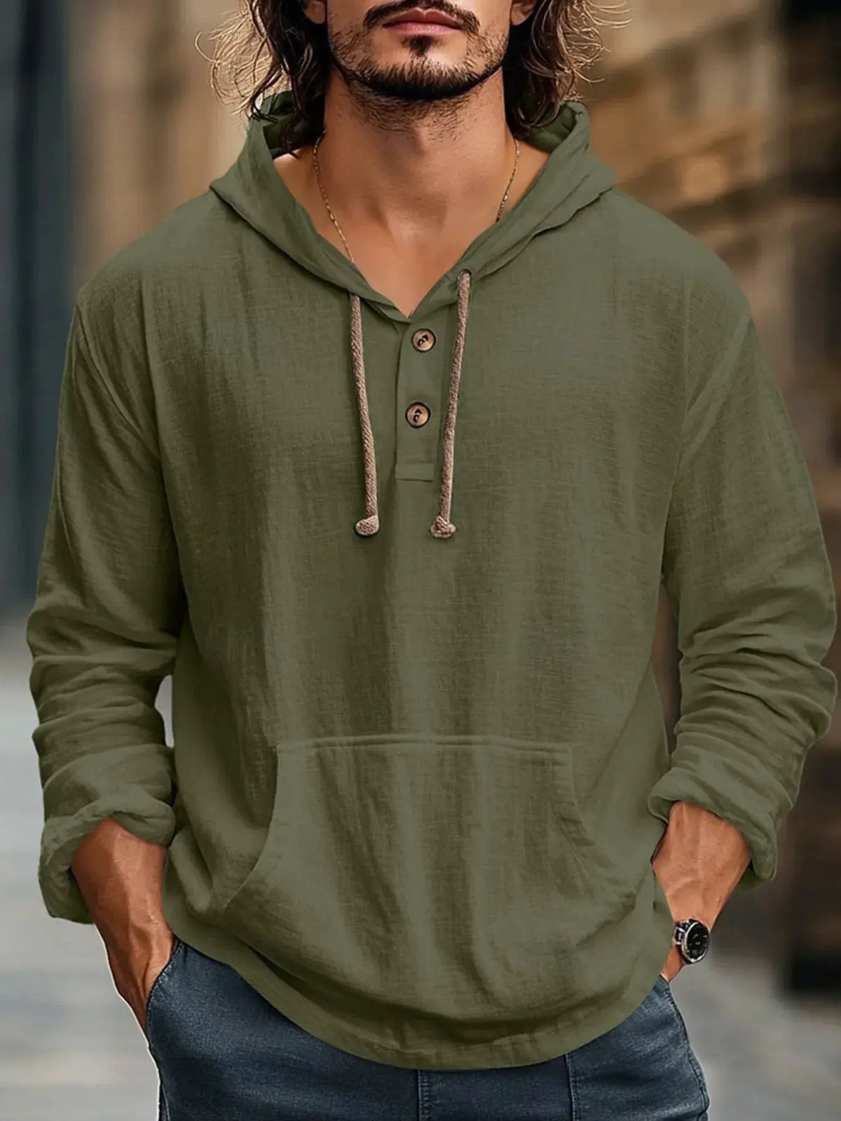Men's Full Size Drawstring Long Sleeve Hoodie with Button Details Plus Size by Trendsi