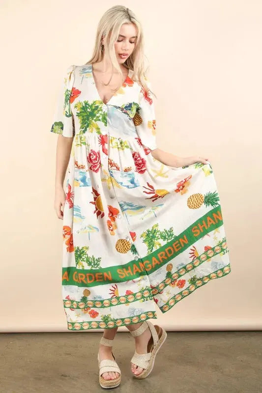 VERY J Button Down Printed Midi Dress by Very J