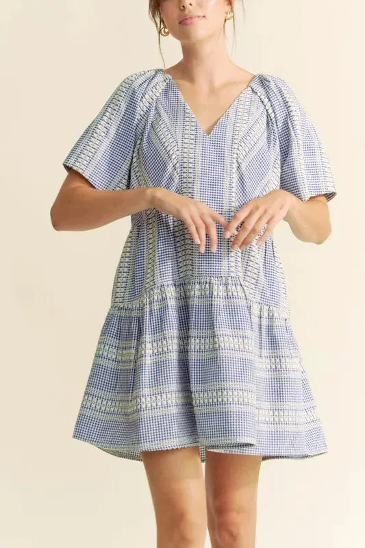 Davi & Dani Embroidered Stripe Ruffled Gingham Mini Dress by Davi & Dani
