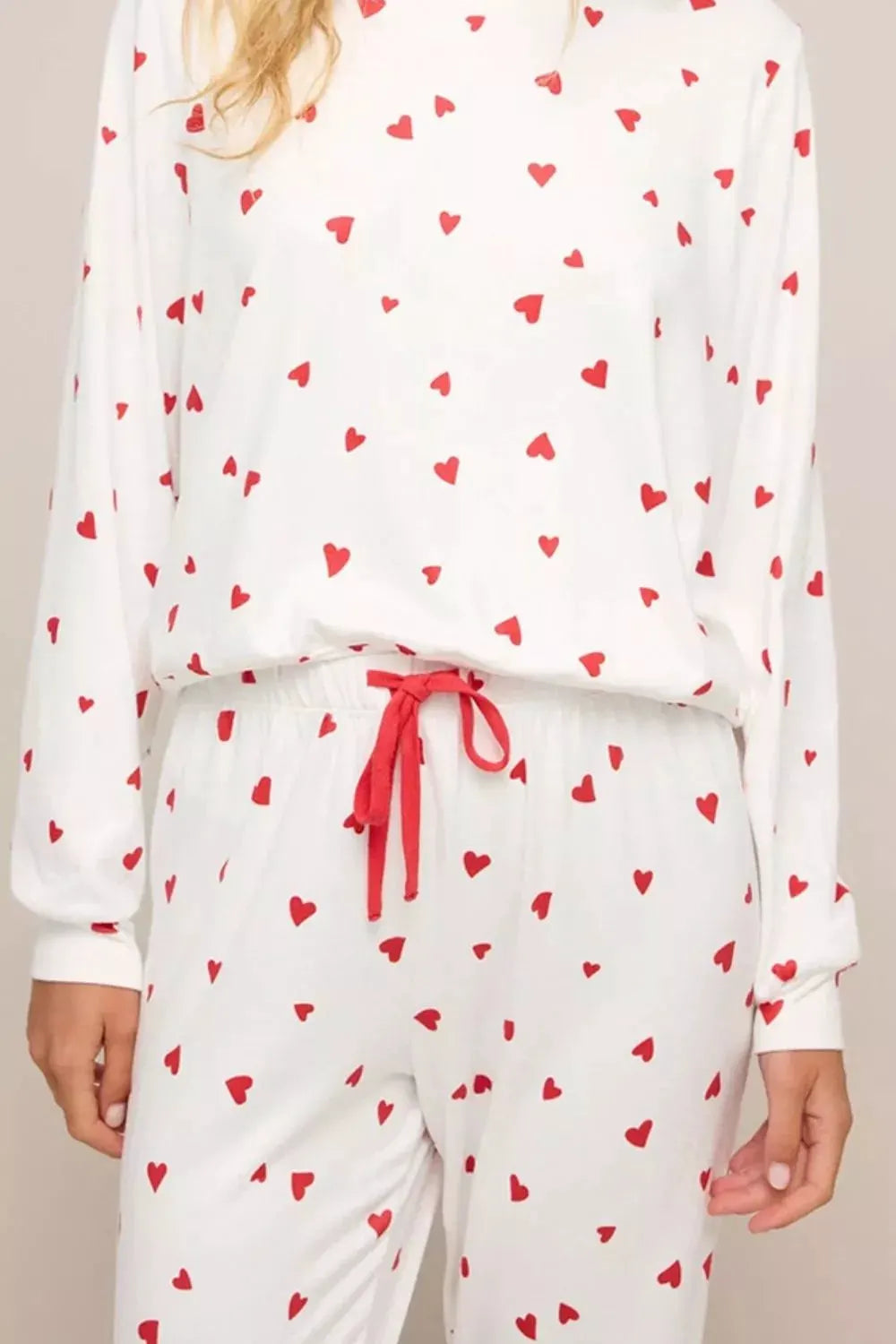 Hearts Printed Long Sleeve Top Drawstring Pants Lounge Set by Partner Label