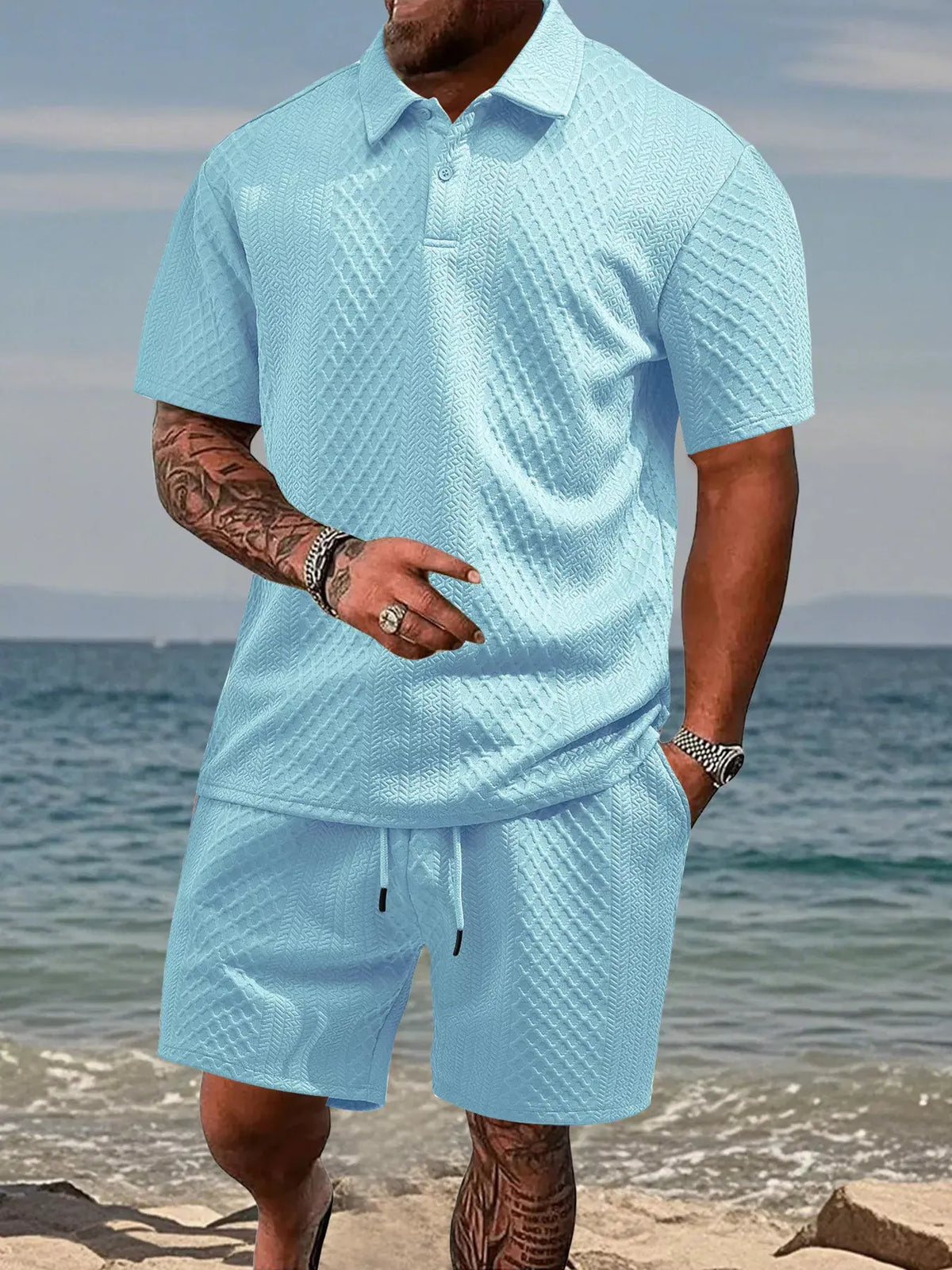 Men's Full Size Textured Knit Polo Shirt & Shorts Set Plus Size by Trendsi