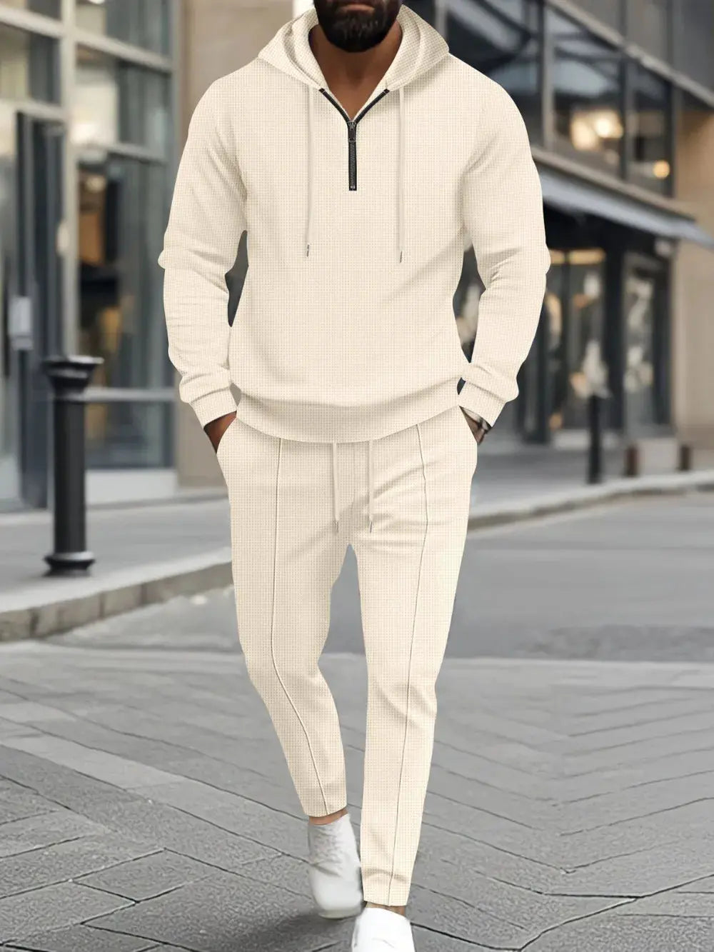 Men's Full Size Waffle-Knit Half Zipper Hoodie and Pants Set Plus Size by Trendsi