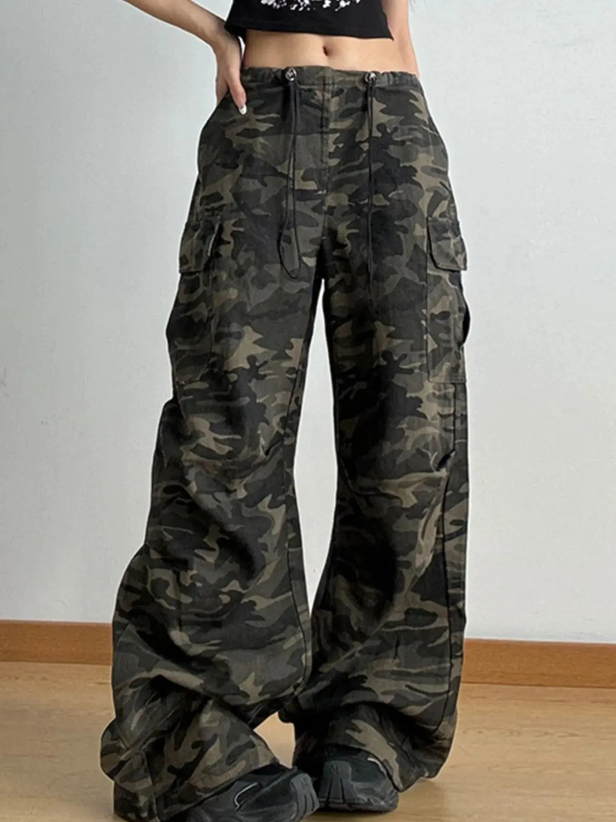 Drawstring Camouflage Cargo Wide Leg Jeans by Partner Label