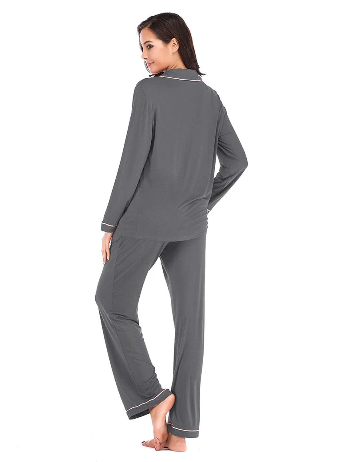 Collared Neck Long Sleeve Loungewear Set with Pockets by Partner Label