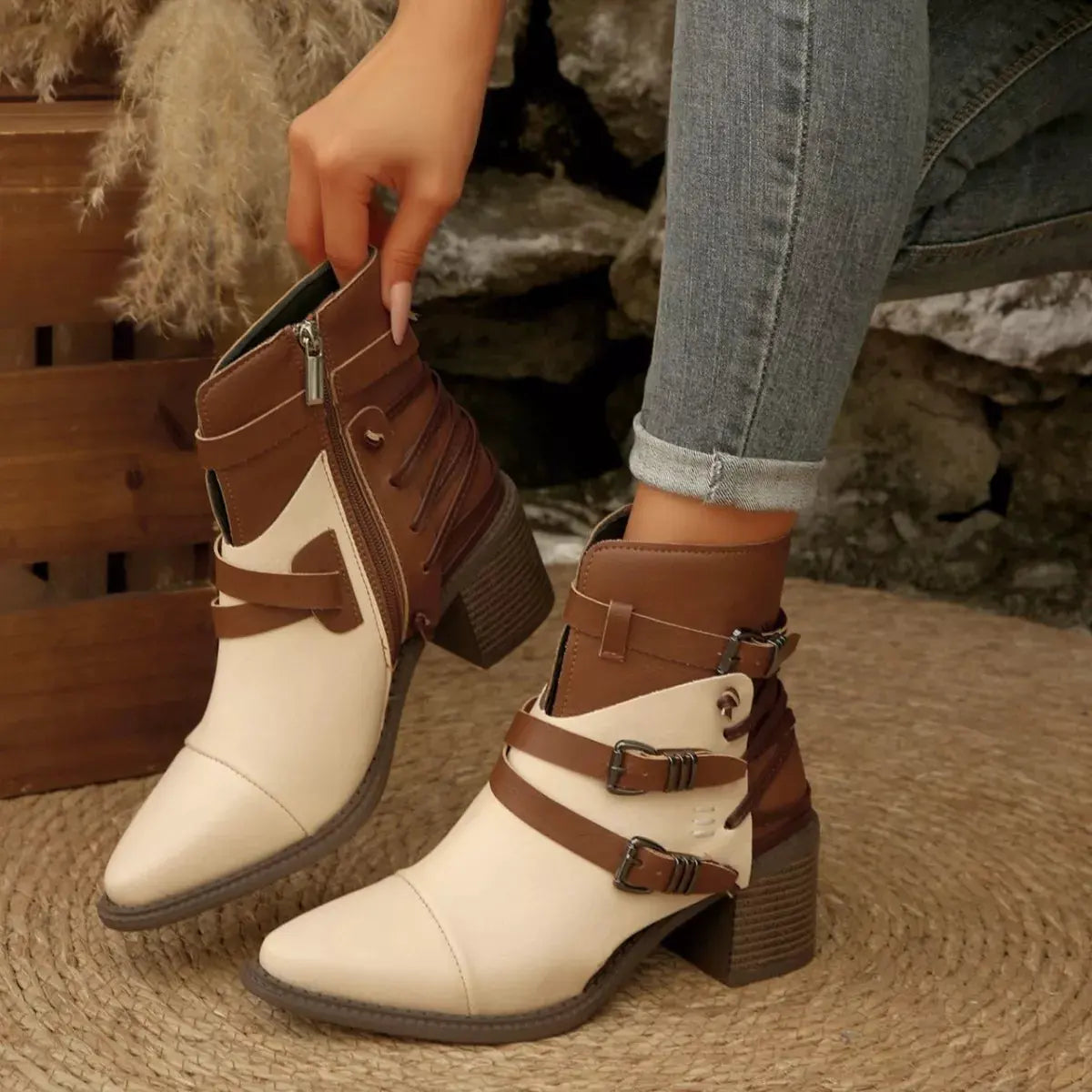 Point Toe Buckle Strap Ankle Boots with Block Heels by Partner Label