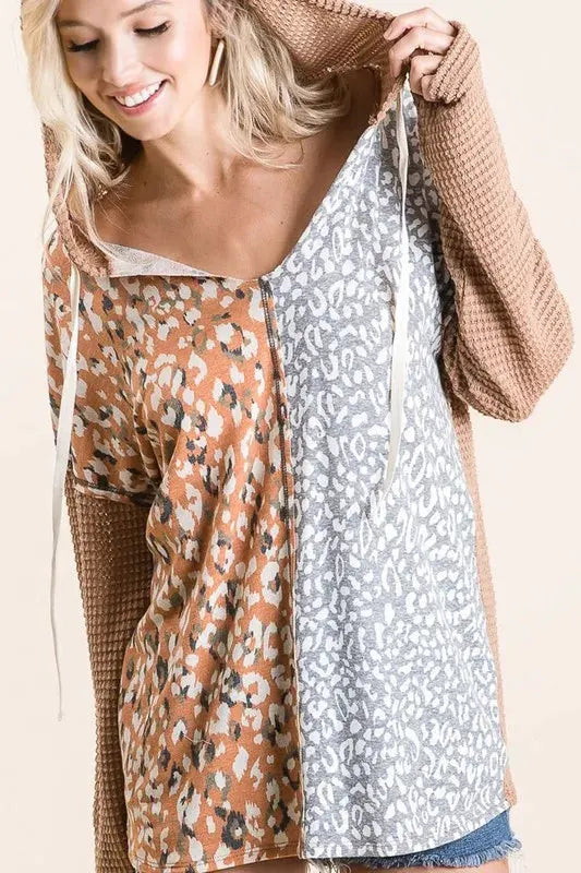 BiBi Popcorn Waffle Knit Hoodie with Print Block Front by BiBi