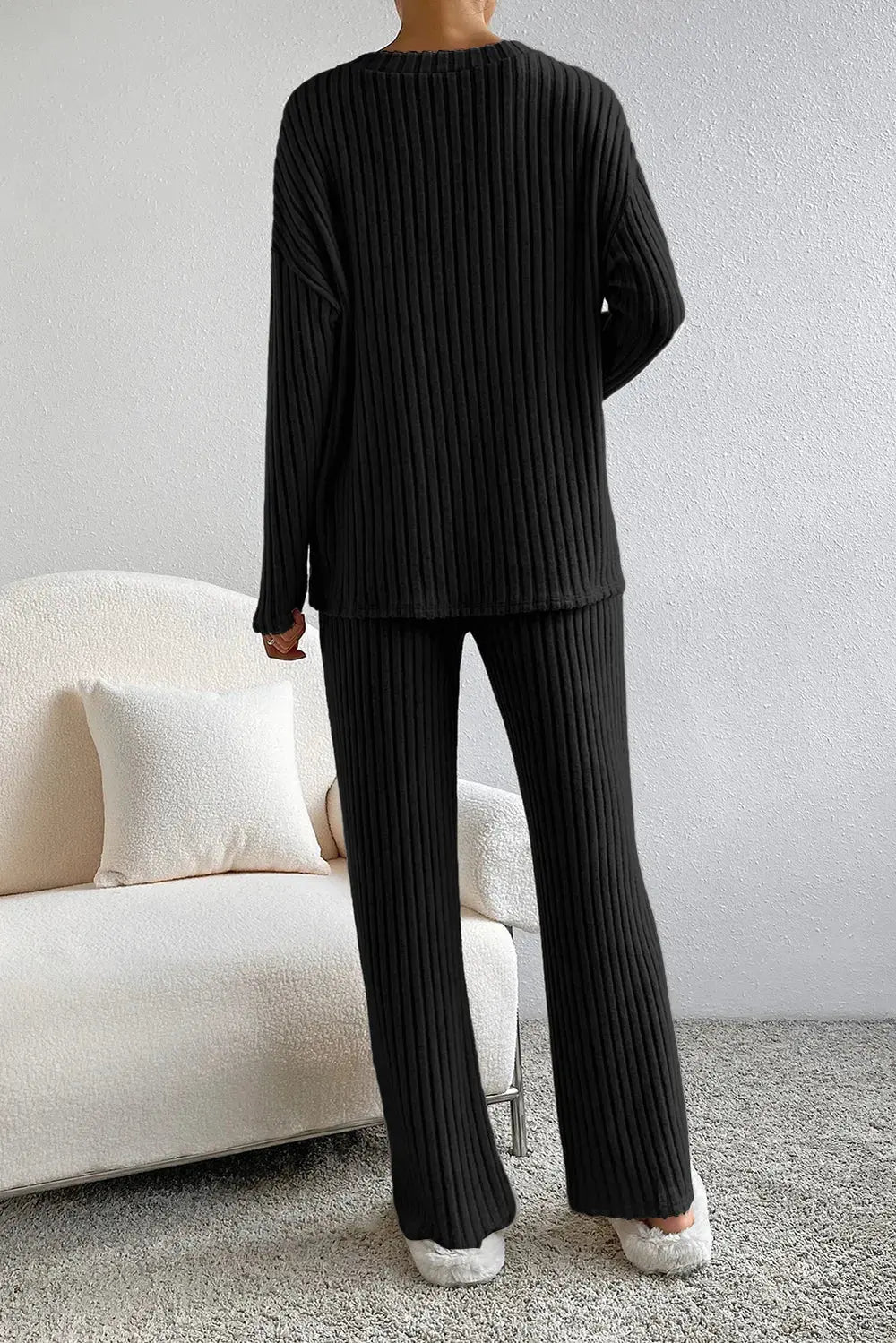 Ribbed V-Neck Top and Pants Lounge Set by Partner Label