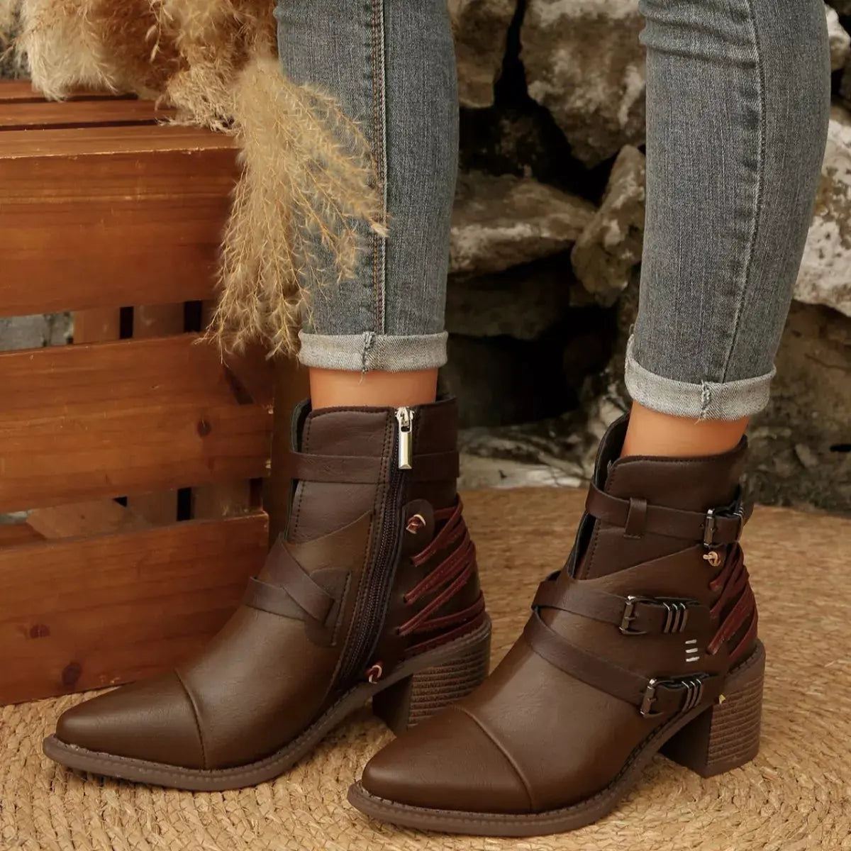 Point Toe Buckle Strap Ankle Boots with Block Heels by Partner Label