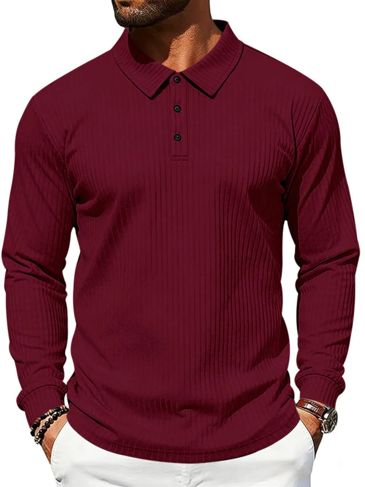 Men's Full Size Ribbed Long Sleeve Polo with Button Detail Plus Size by Trendsi
