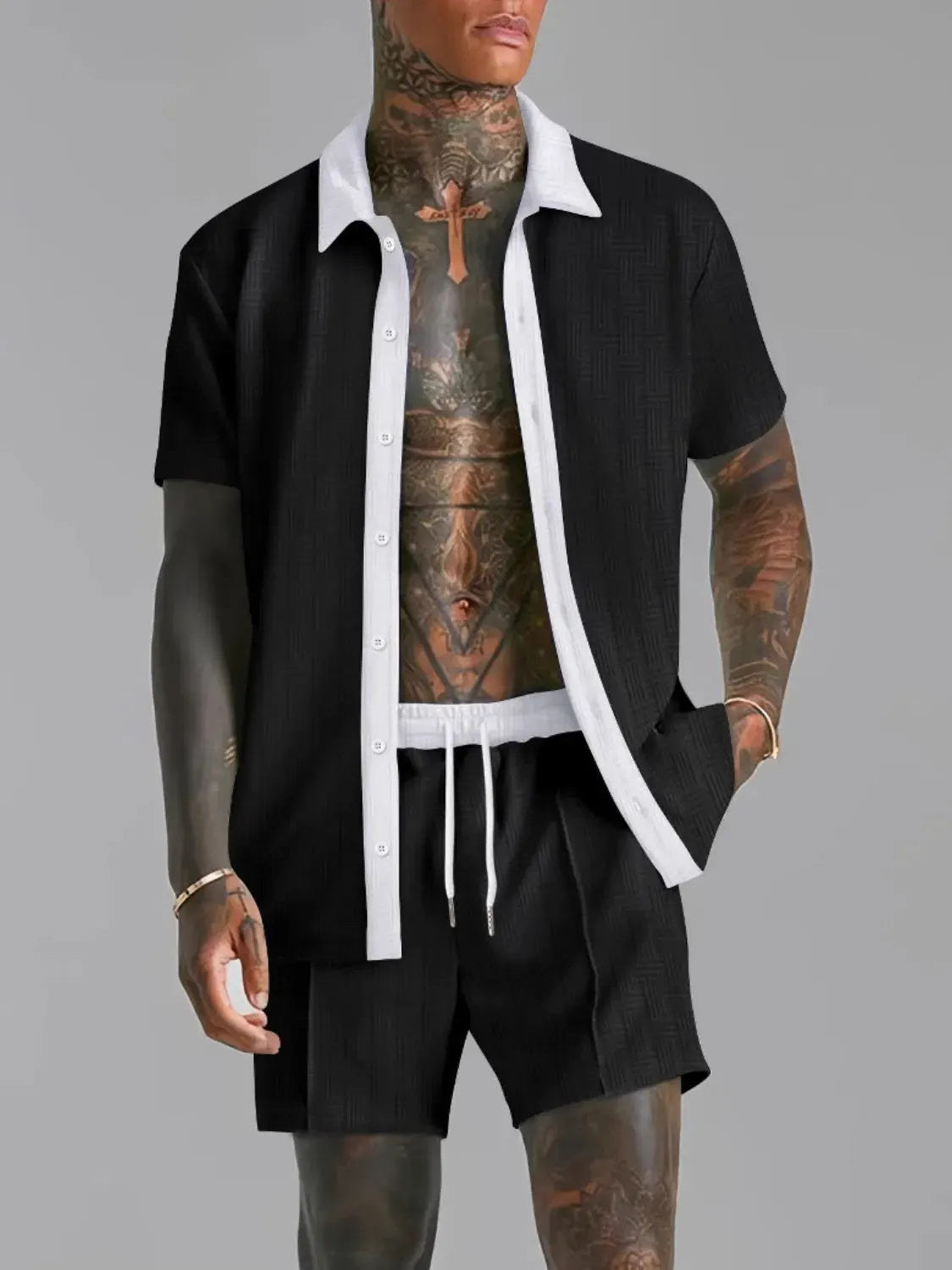 Men's Full Size Collared Neck Short Sleeve Top and Shorts Set Plus Size by Trendsi