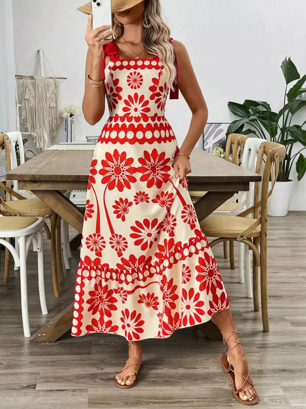 Floral Print Tie-Shoulder Midi Dress by Partner Label