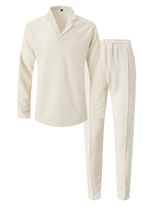 Men's Full Size Waffle-Knit Long Sleeve Top and Pants Set Plus Size by Trendsi