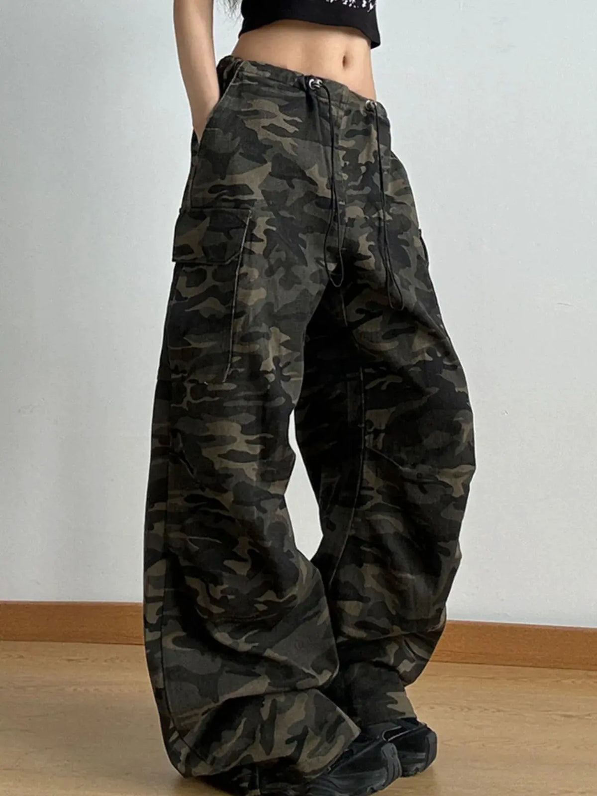 Drawstring Camouflage Cargo Wide Leg Jeans by Partner Label