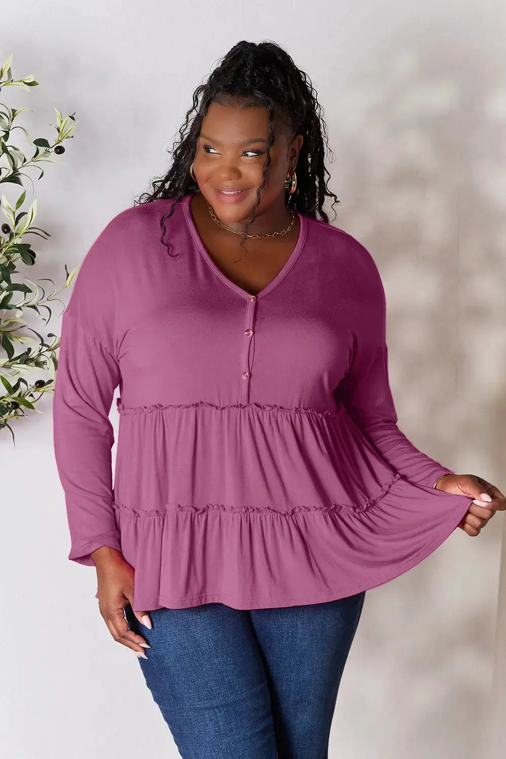 Double Take Half Button Long Sleeve Ruffle Hem Blouse by Double Take