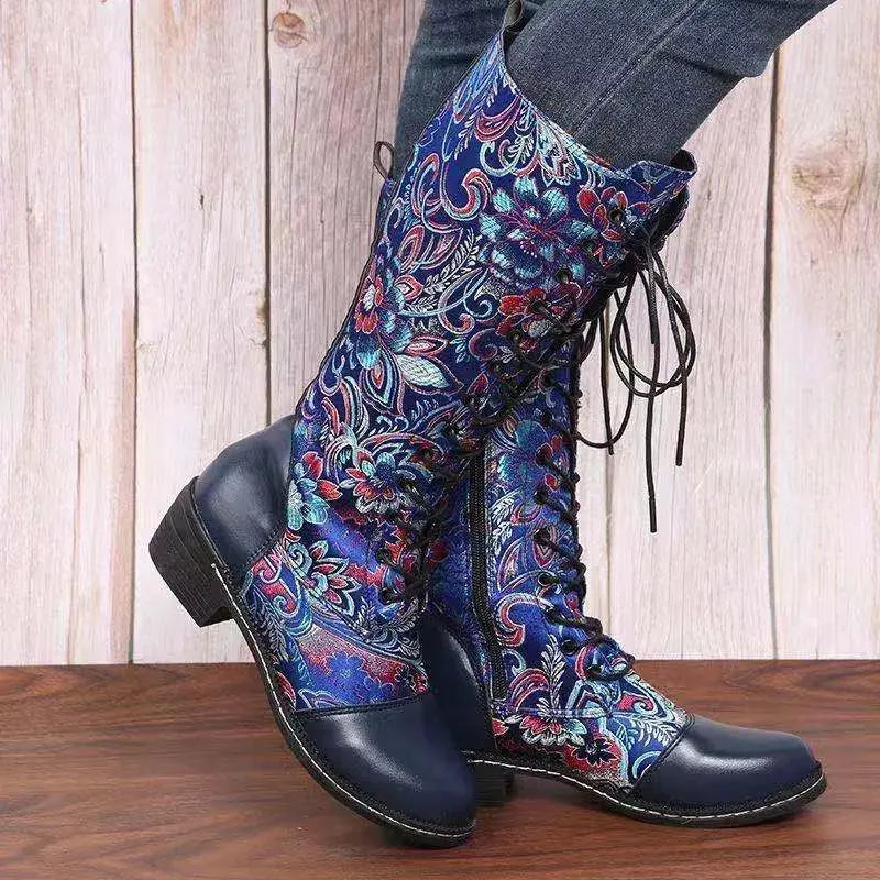 Embroidered Lace-Up Block Heel Boots by Partner Label