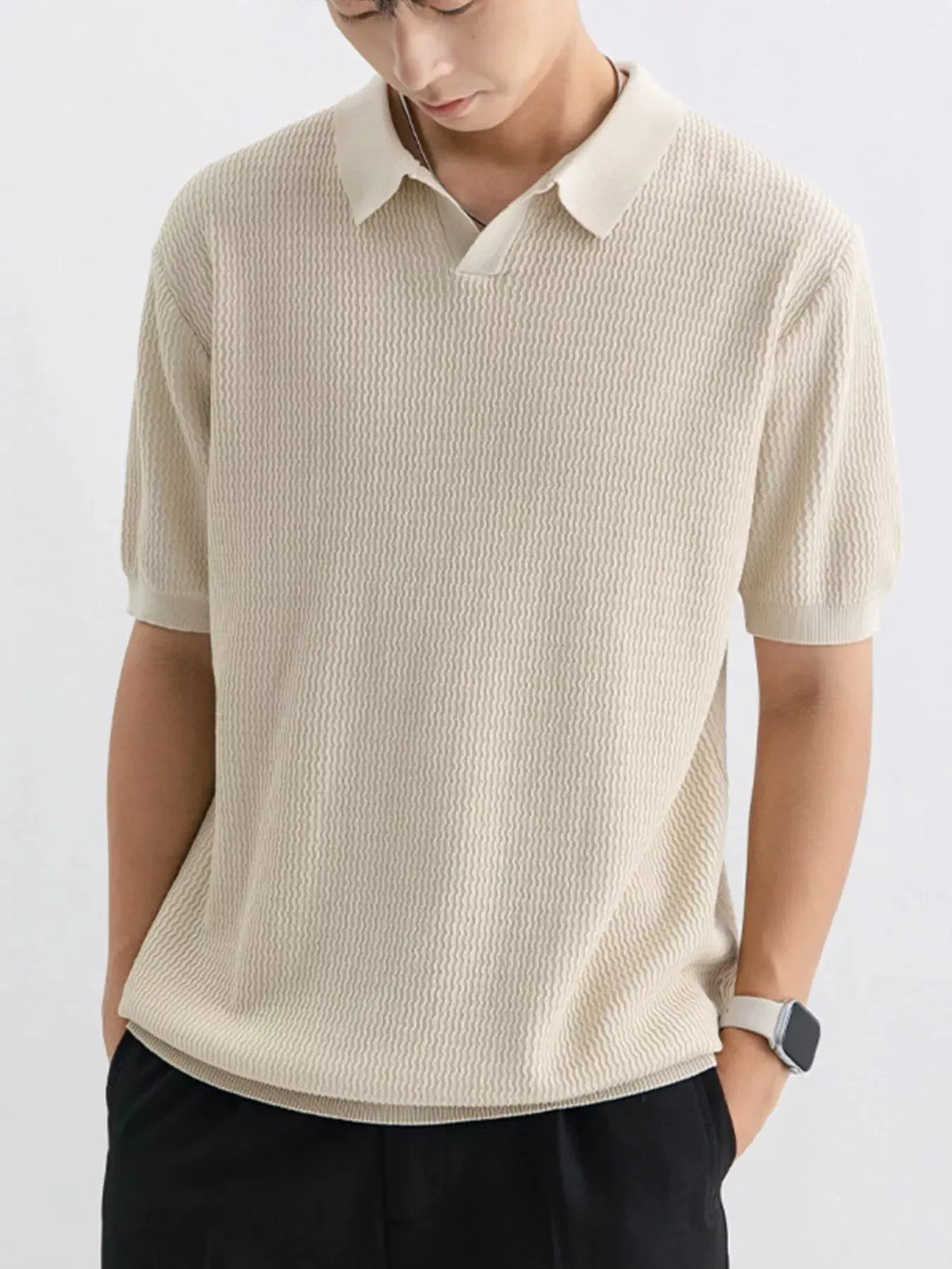 Men's Plus Size Textured Knit Short Sleeve Polo by Trendsi