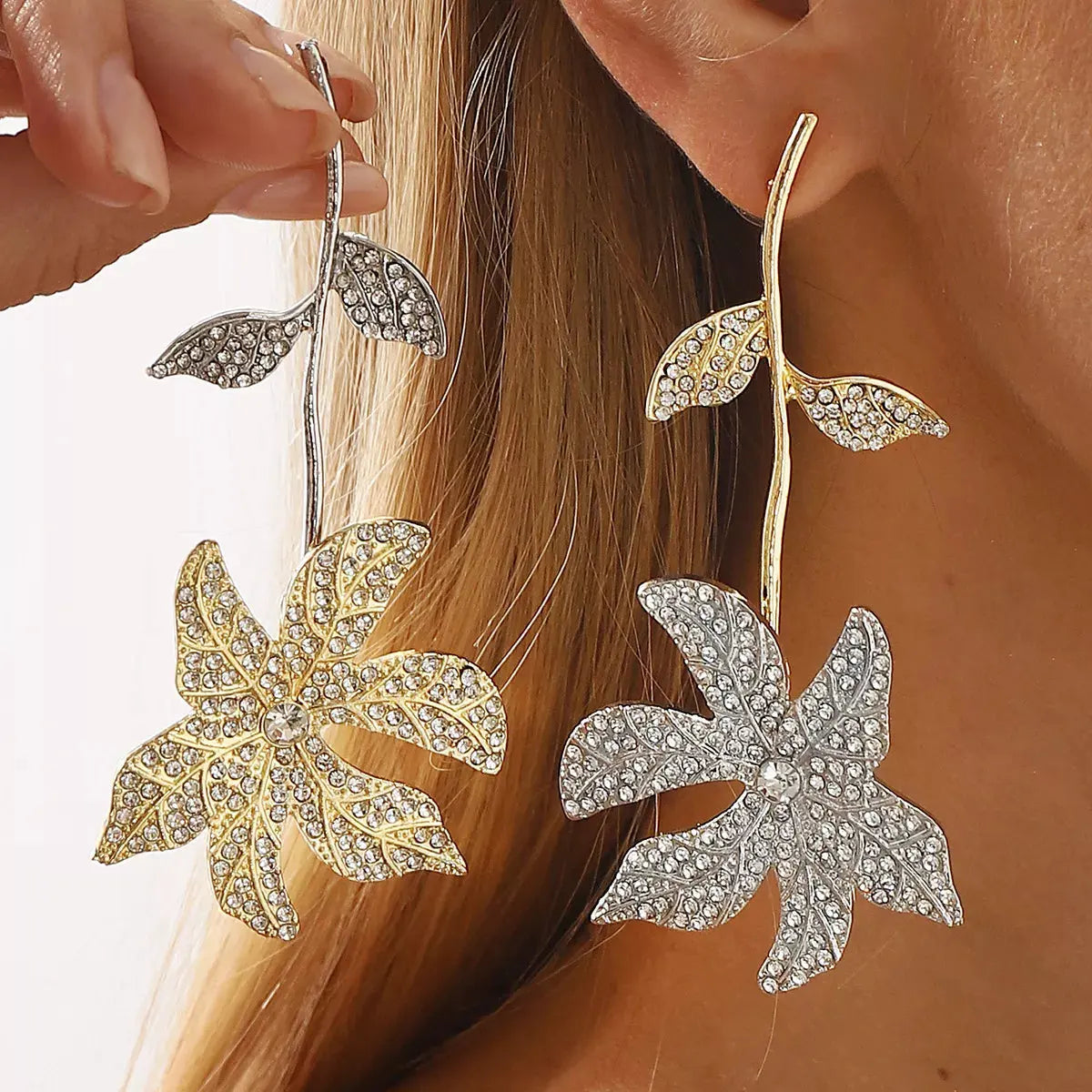 Rhinestone Flower Dangle Earrings by Partner Label