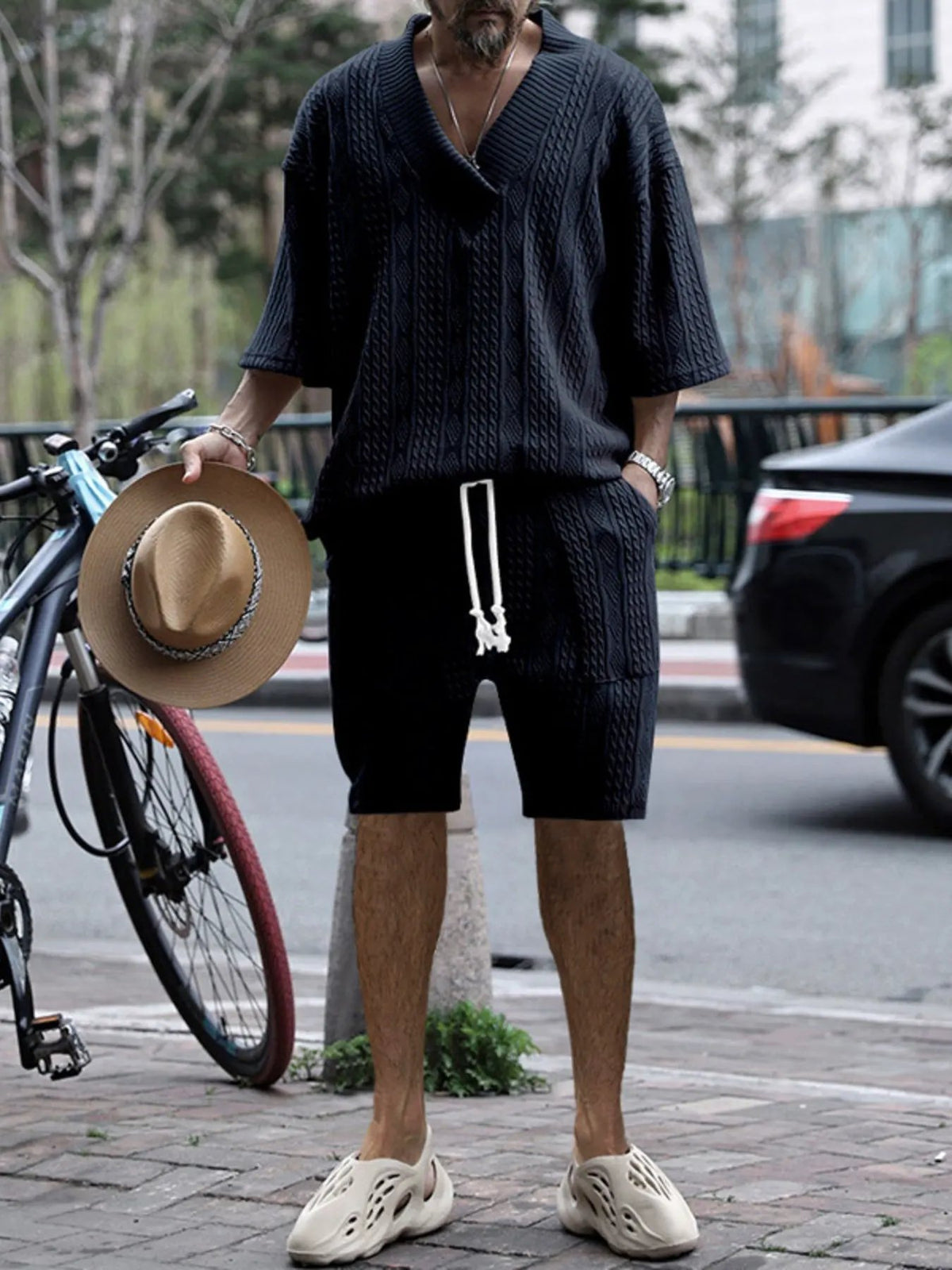 Men's Full Size Casual Knit V-Neck Short Sleeve Top and Shorts Set Plus Size by Trendsi