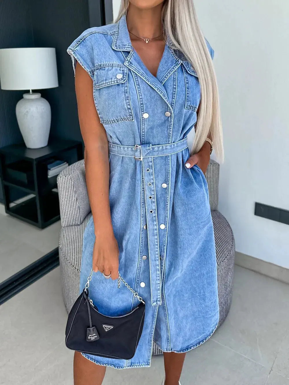 Collared Neck Cap Sleeve Denim Dress by Partner Label